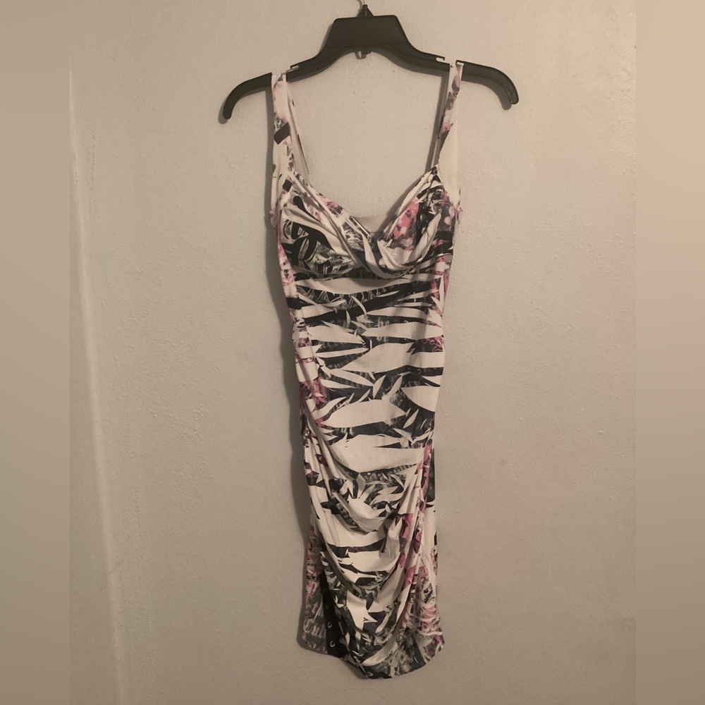Kaya Woman’s White, Pink and Gray Midi Dress. Size Medium.